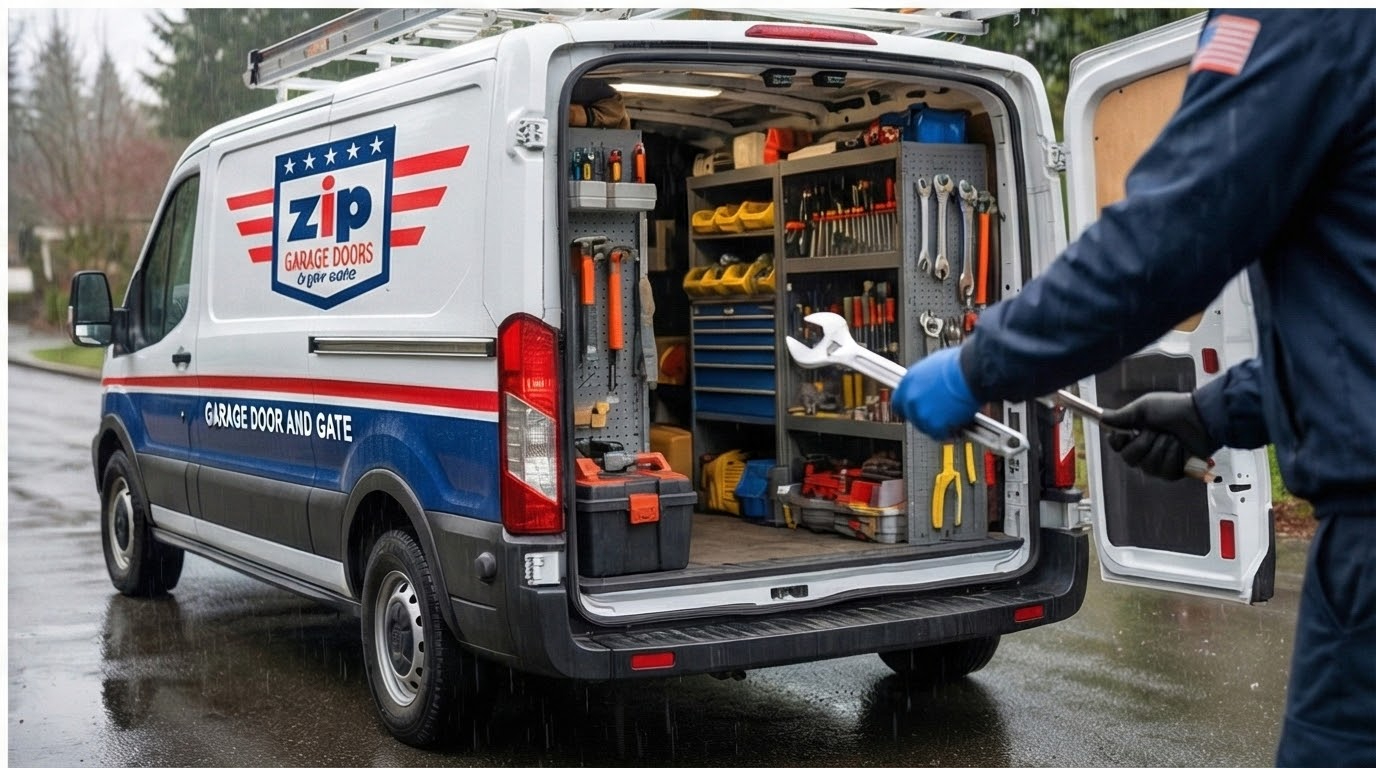 Zip Garage Doors Technician Retrieving Tools from Service Van.jpg in Everett, WA